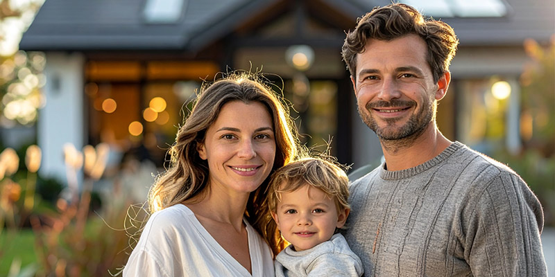 Junge Familie vor ihrem neuen Zuhause